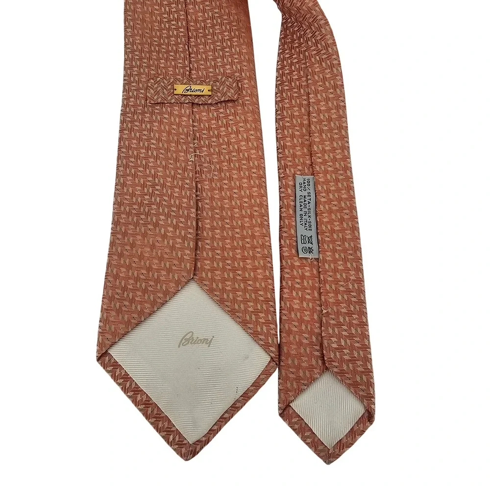 Brioni Silk Tie Peach Geometric Basketweave Handmade Italy‎ Luxury Designer